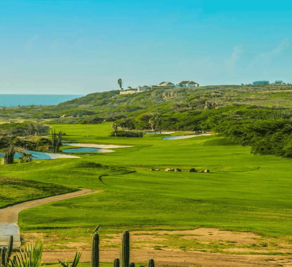 Lush golf course scenery with rolling hills, water hazards, and ocean views, ideal for outdoor recreation and golf enthusiasts.