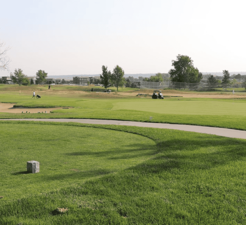 Aerial view of a golf course with lush green grass, trees, and golfers playing, showcasing scenic outdoor recreation.