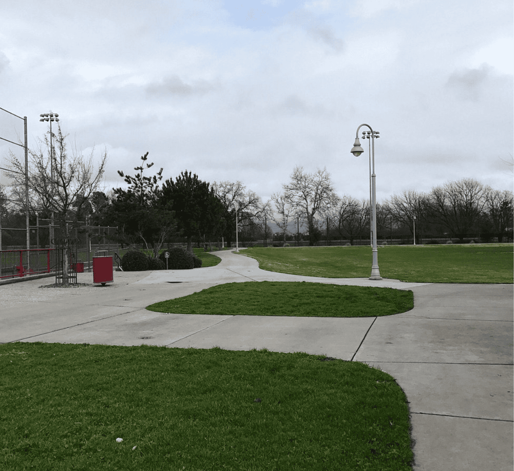 Bright outdoor park with walking paths, trees, and street lamps for community use.