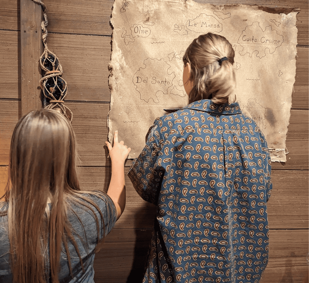 Vintage treasure map on rustic wooden wall, kids exploring adventure and navigation skills.