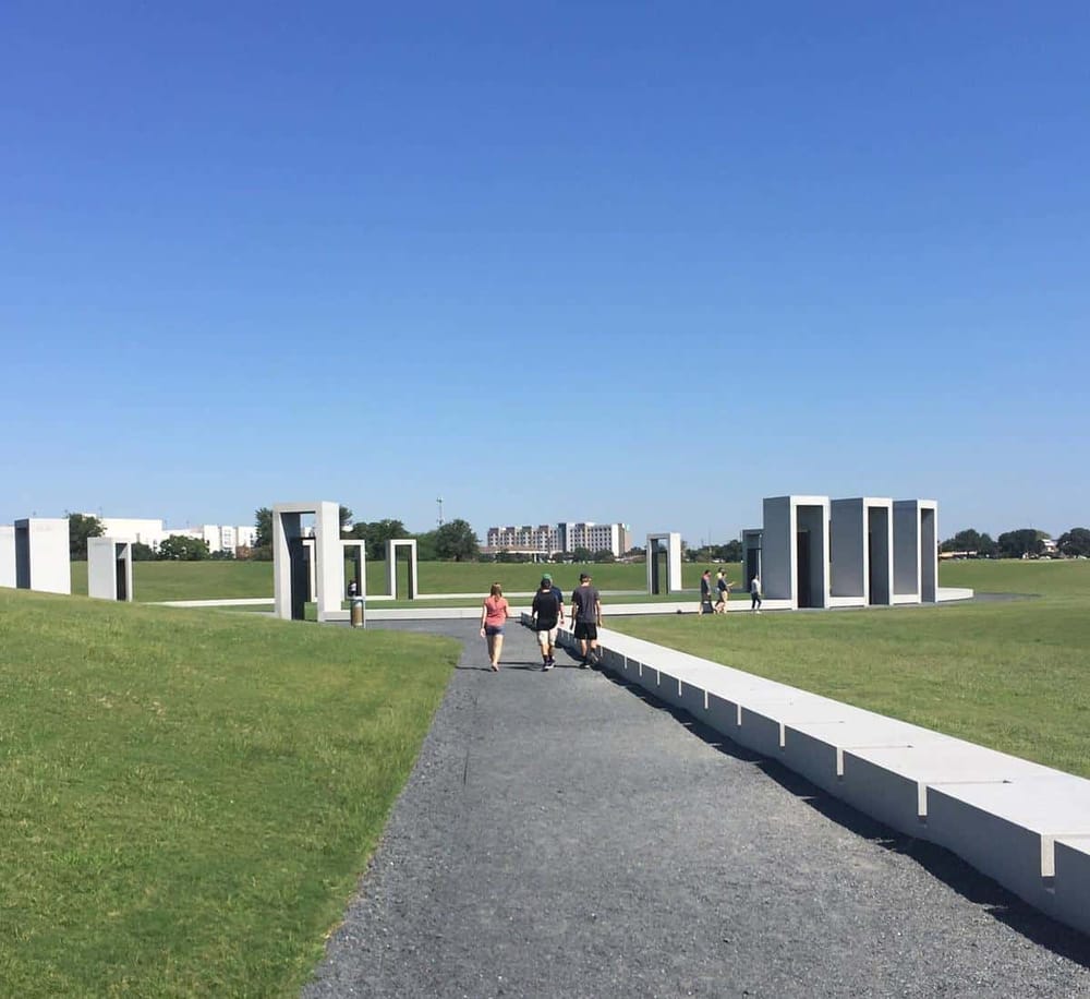 Contemporary outdoor art installation at Quest for Directions, a public park in Texas.