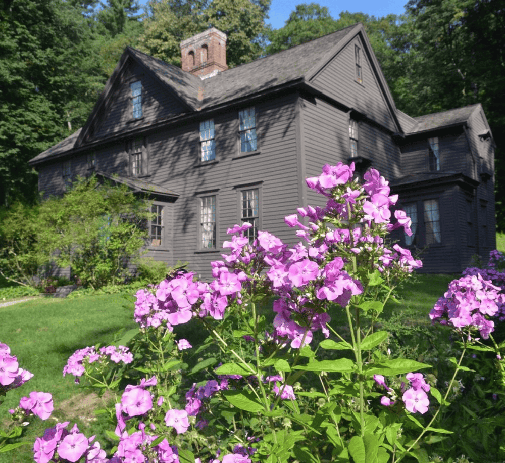 Victorian-style house with dark exterior, surrounded by colorful flowers and lush greenery, scenic outdoor setting.