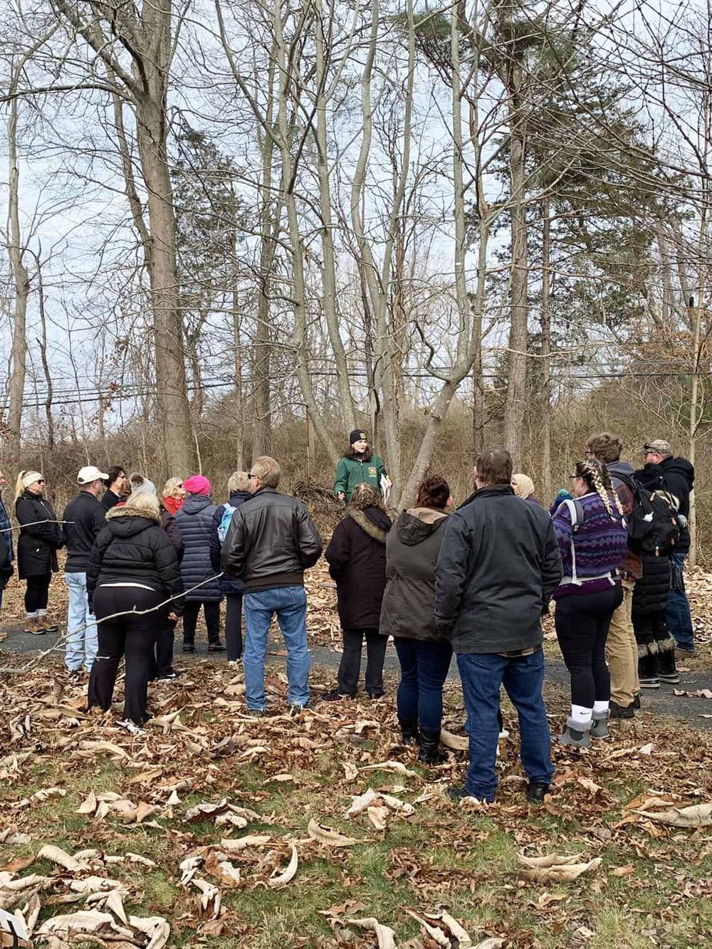 Outdoor nature guided tour with group listening to a guide in wooded area, educational experience, hiking, nature exploration, community learning, QuestForDirections.