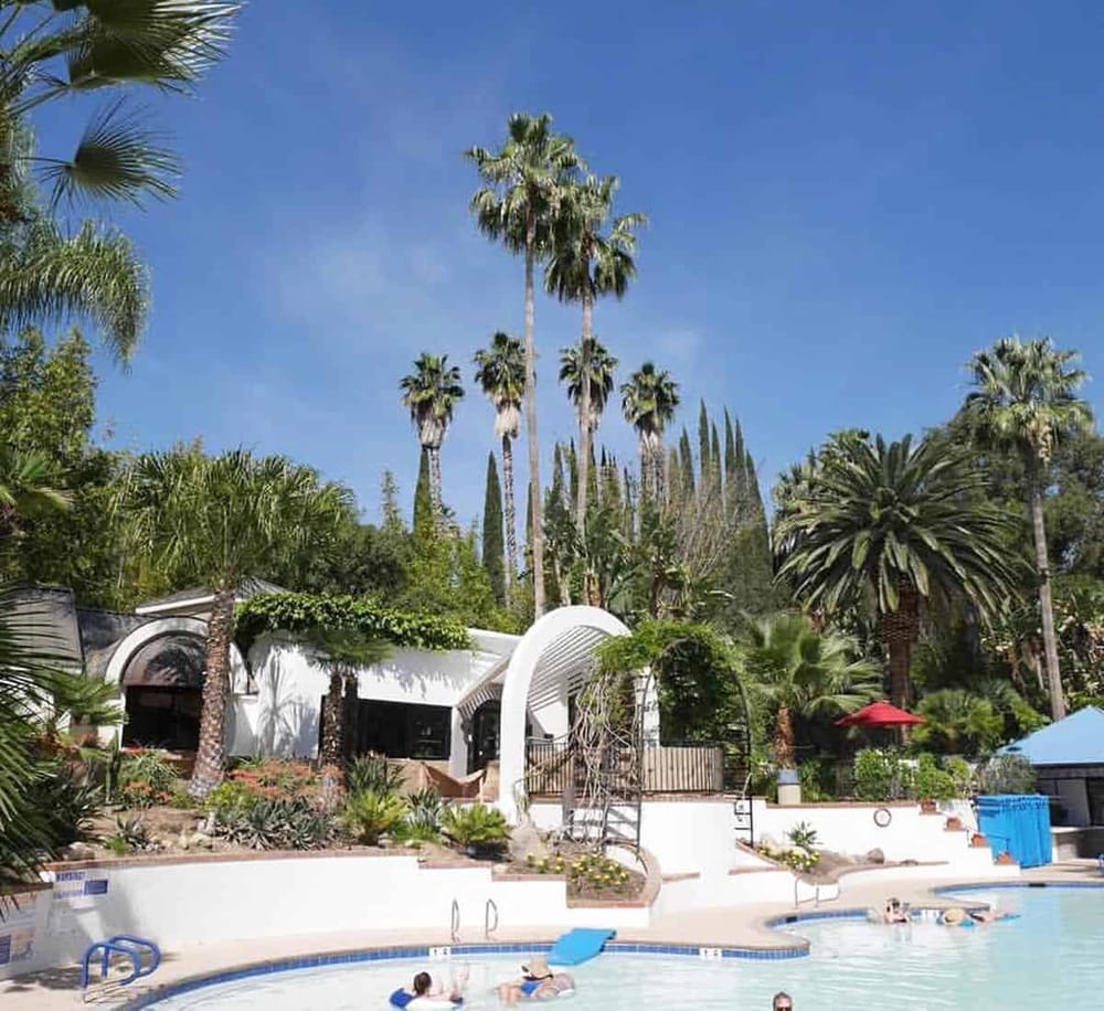 Luxurious Palm Springs resort with pool, lush greenery, and iconic tall palm trees.