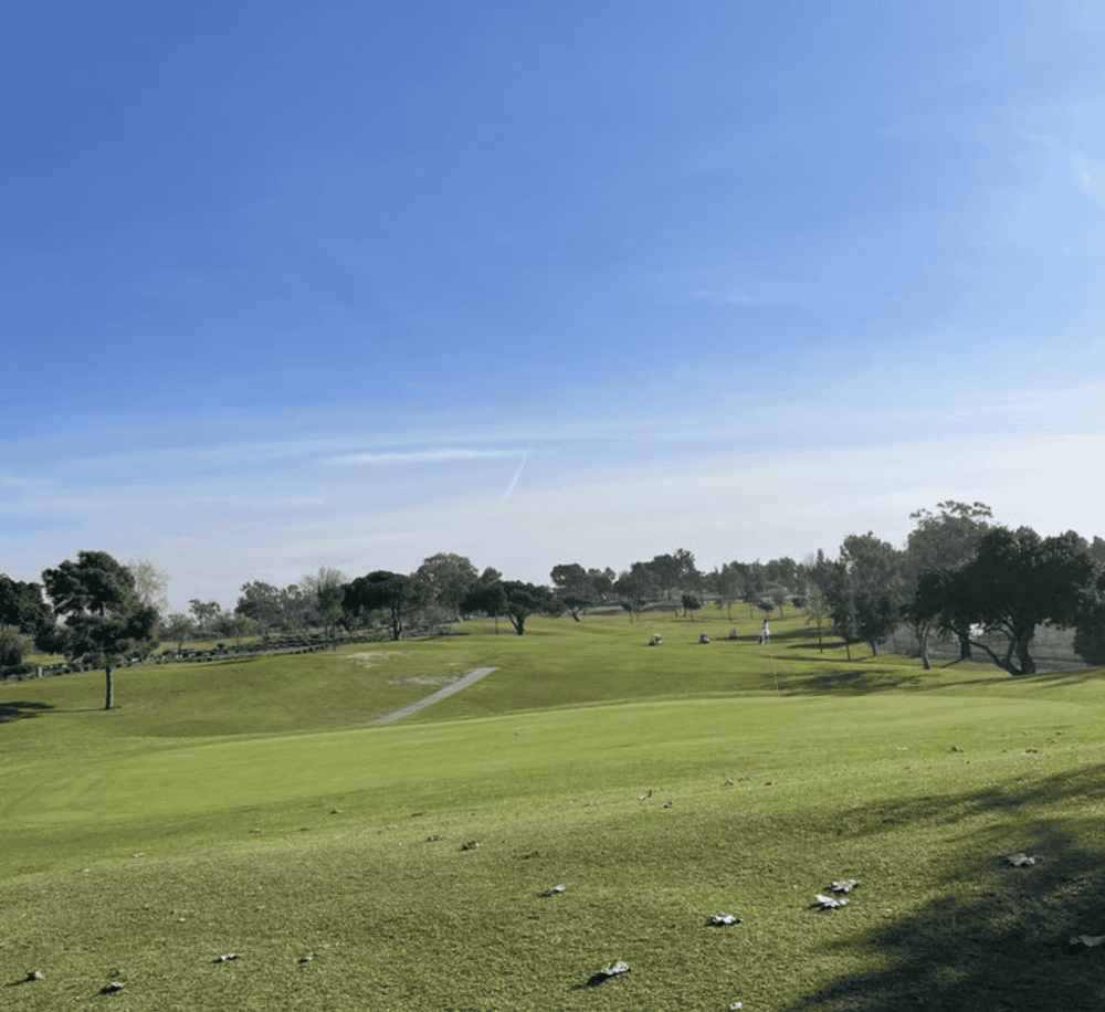 Golf course with lush green fairways and clear blue sky, perfect for outdoor recreational activities.