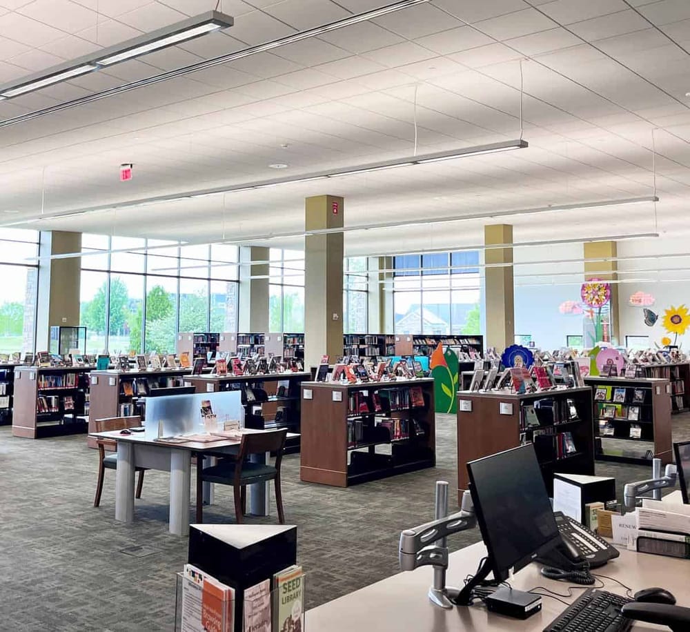 Quiet library interior with bookshelves and large windows, ideal for reading and studying.