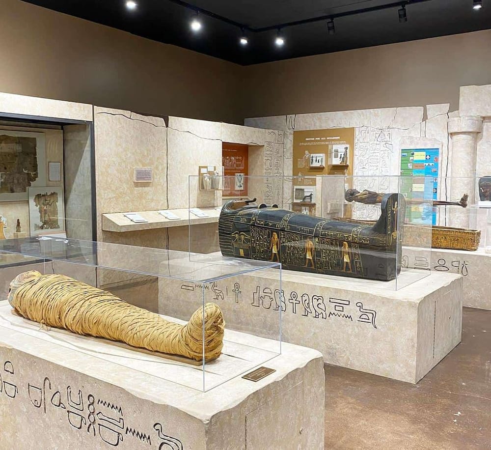 Ancient Egyptian artifacts display at a museum exhibit showcasing mummies and hieroglyphic stone carvings.