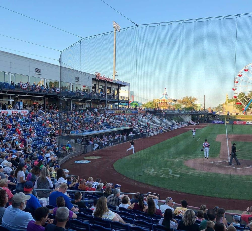 Crowd cheering at a baseball game with a Ferris wheel in the background.
