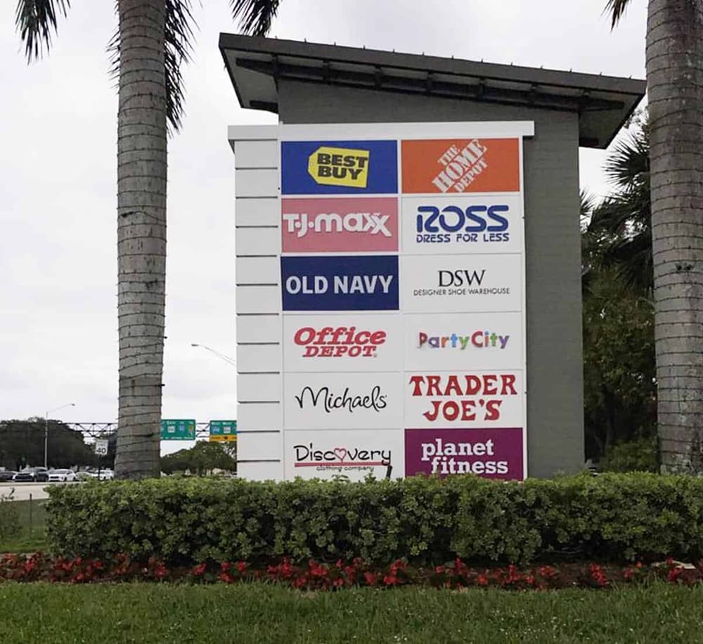 Bright shopping mall directory sign showcasing popular retail brands and stores near QuestForDirections.