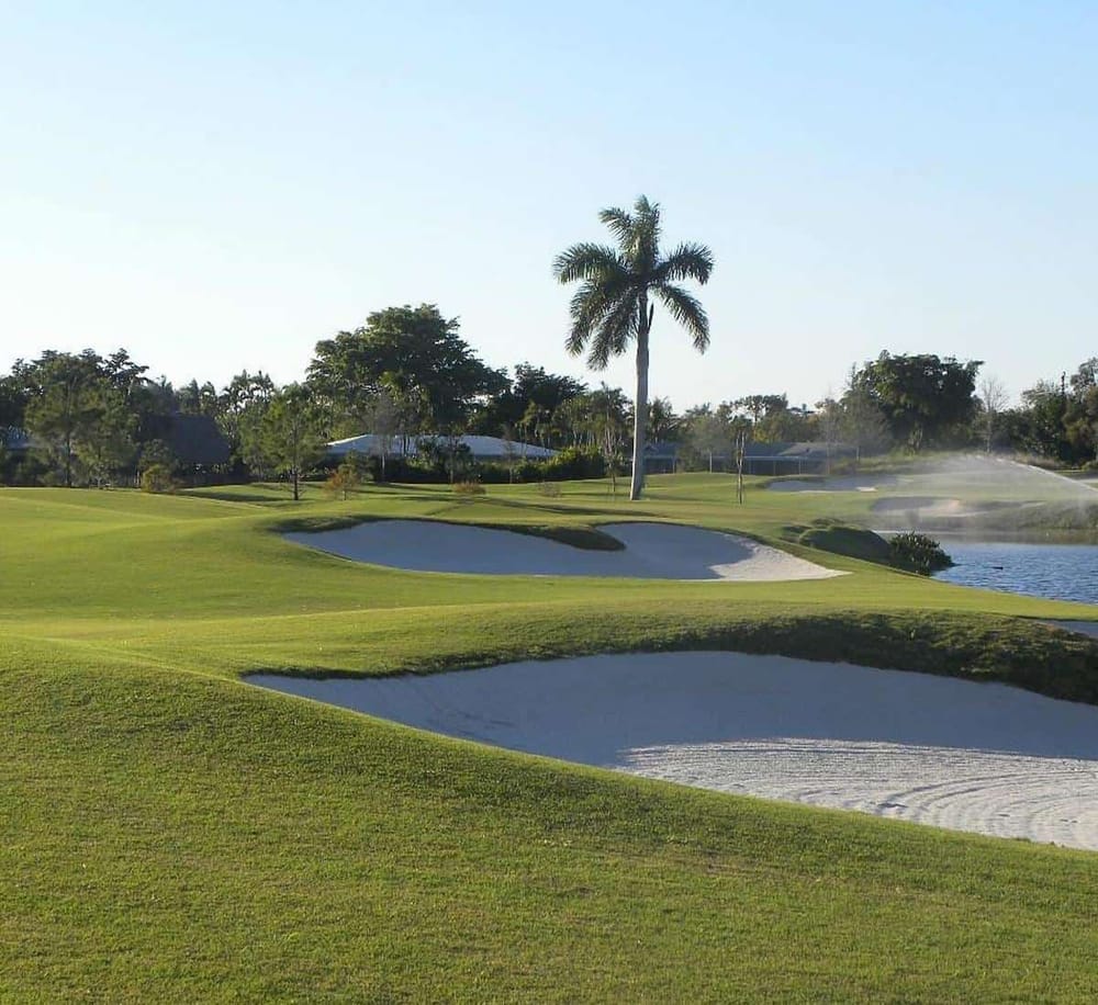 Lush golf course with sand traps and a pond, sunny day, palm trees in the background, perfect for outdoor recreation.