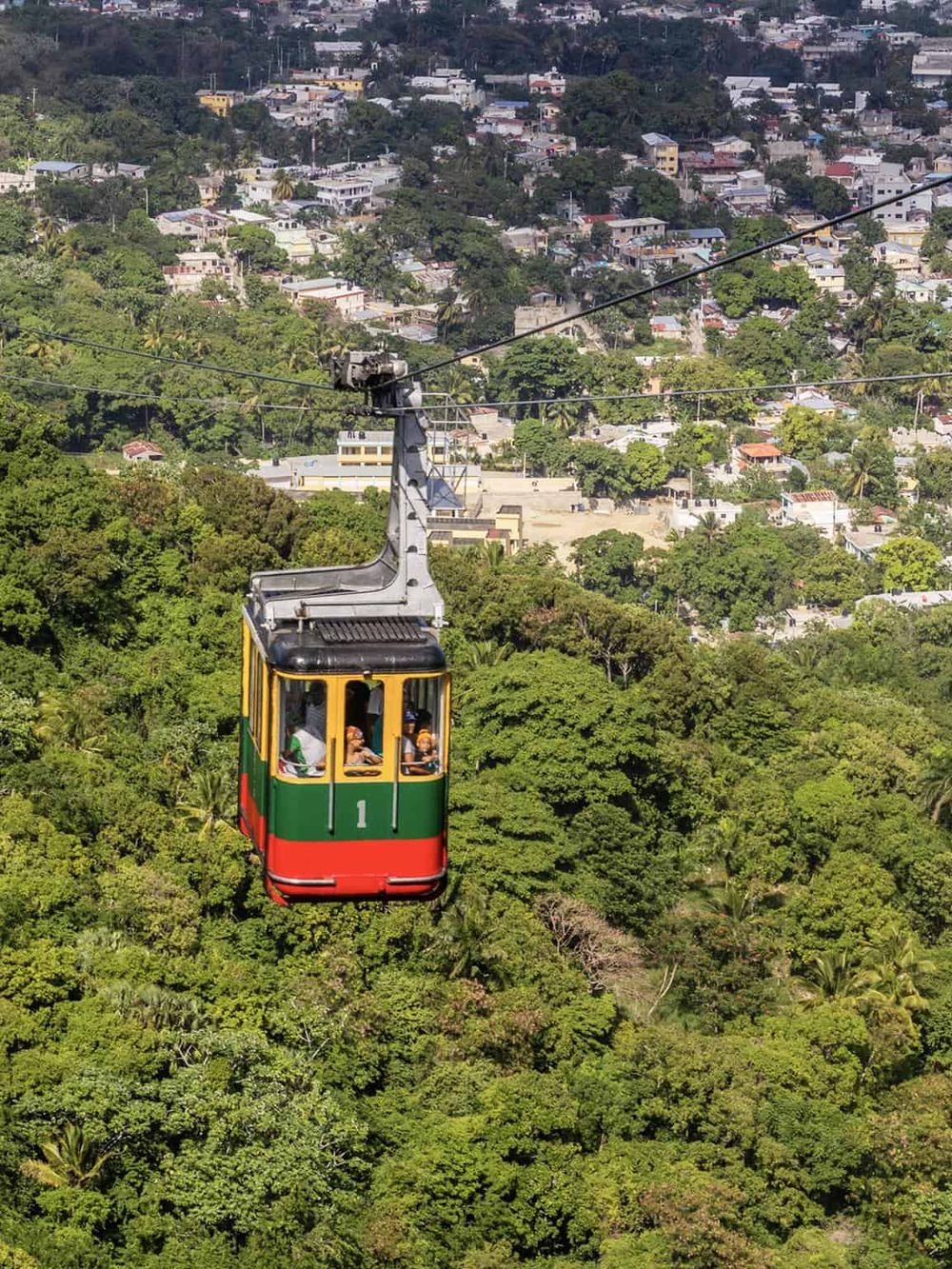 Colorful cable car over lush green forest in San Francisco, California.