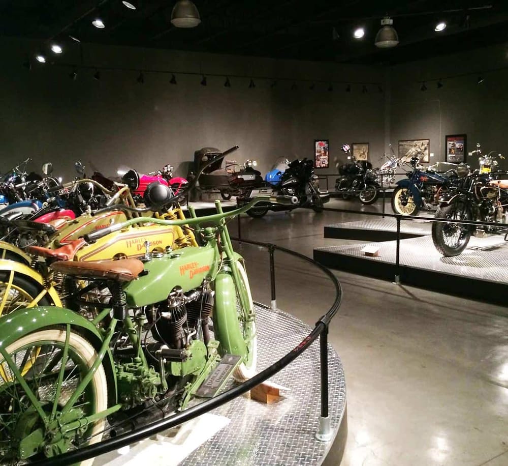 Vintage Harley Davidson motorcycle exhibit at QuestForDirections museum.