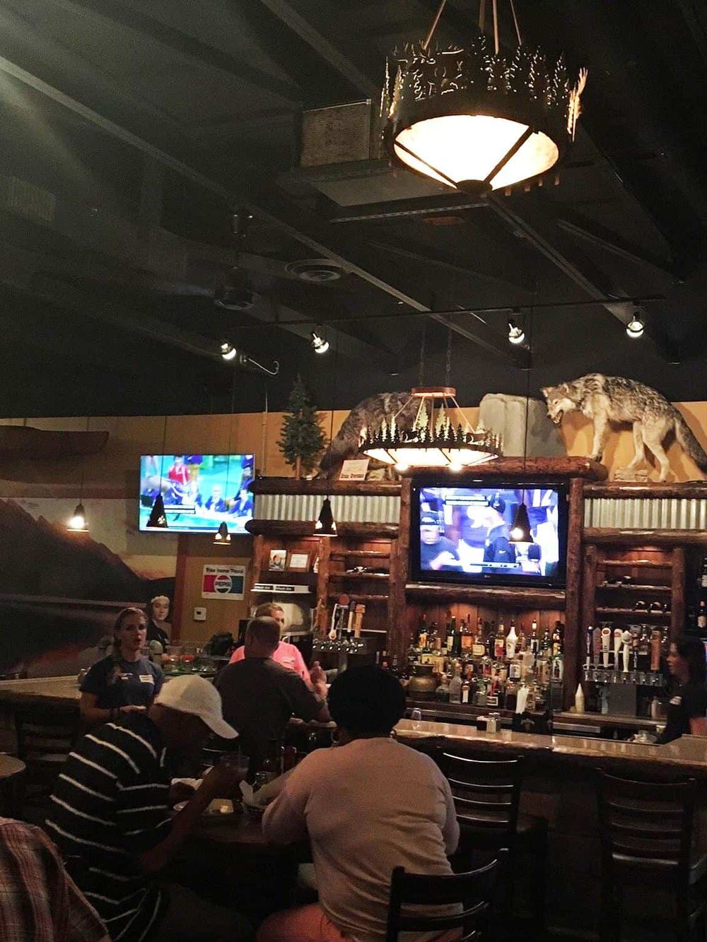 Cozy sports bar with multiple TV screens, bar counter, and dartboards, perfect for watching games and socializing.