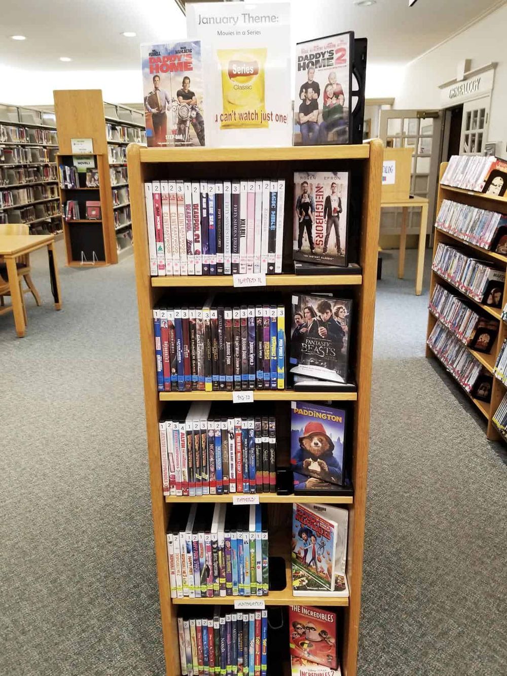 Colorful movie books and DVDs on a wooden bookstore shelf in a library promoting family-friendly films.