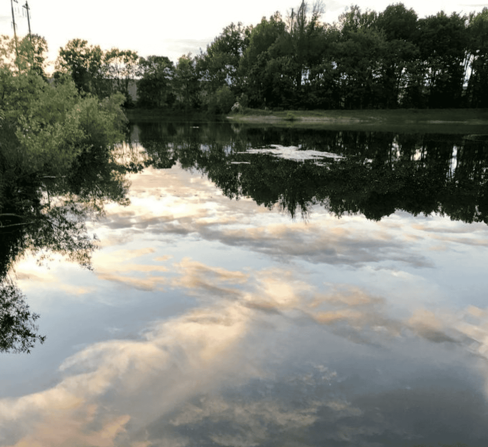 Peaceful river with calm water reflecting trees and sky, scenic outdoor landscape for nature and relaxation.