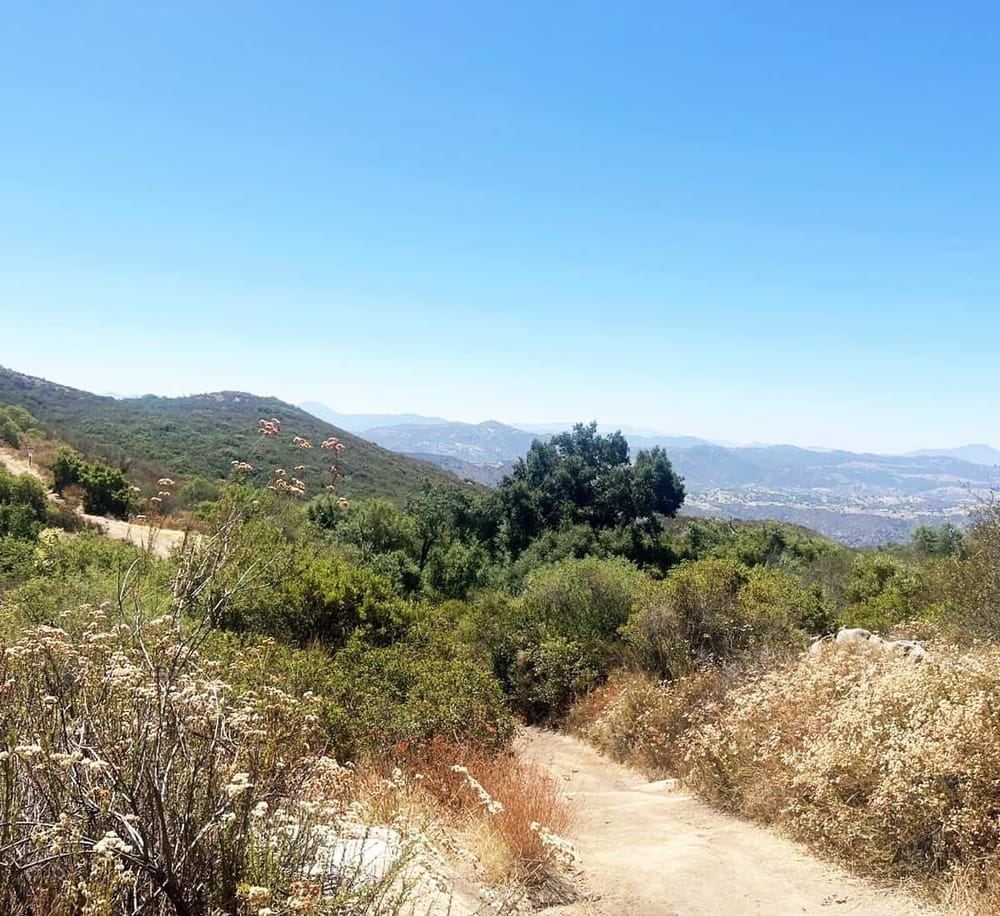 Serene trail in scenic hills with lush vegetation and mountain views, perfect for hiking and outdoor adventures.