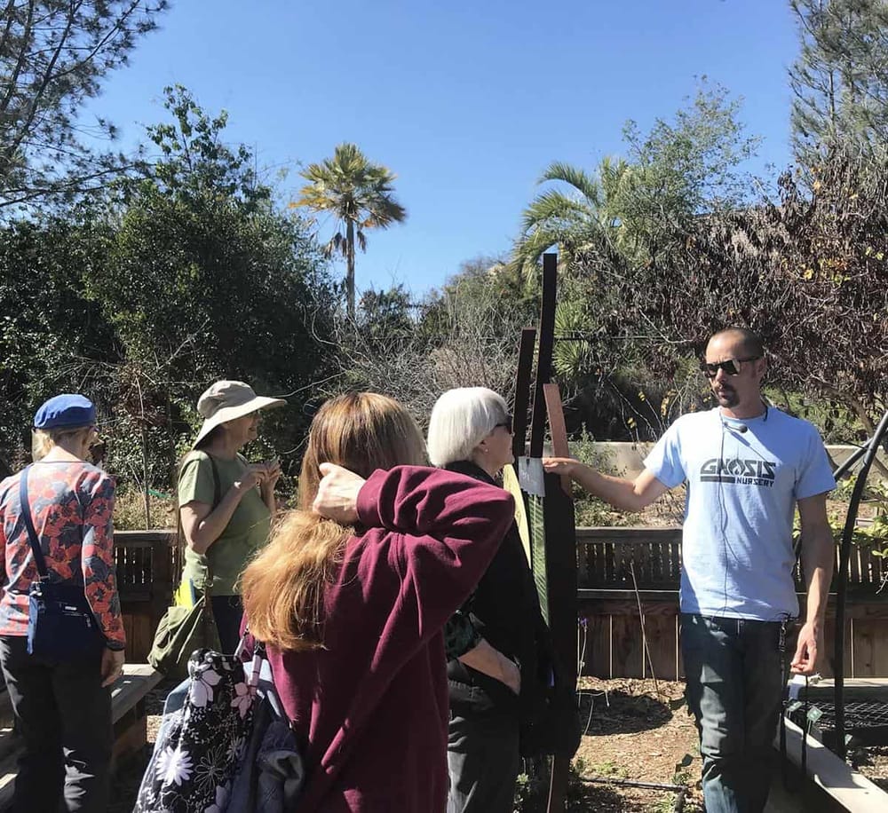 Colorful outdoor tour group listening to guide, sunny day, lush greenery, educational nature walk, QuestForDirections.