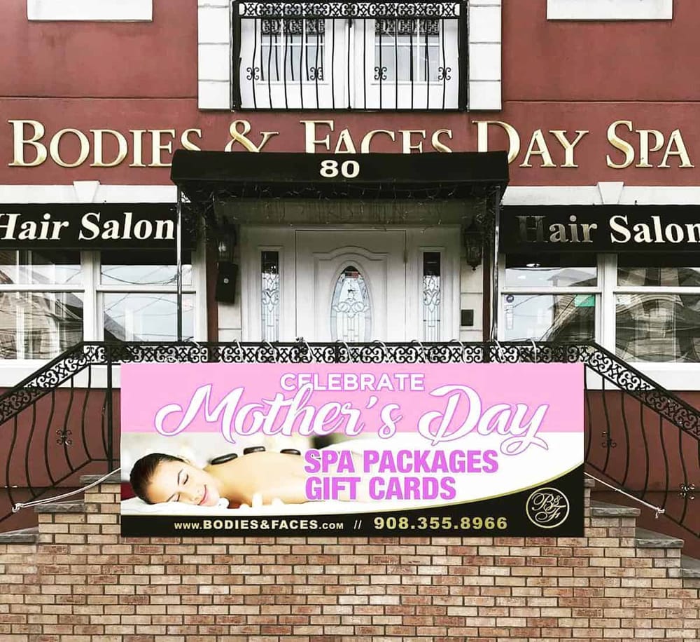 Relaxing spa promotion banner for Mother's Day at Bodie's & Faces Day Spa, featuring massages, gift cards, and special packages.