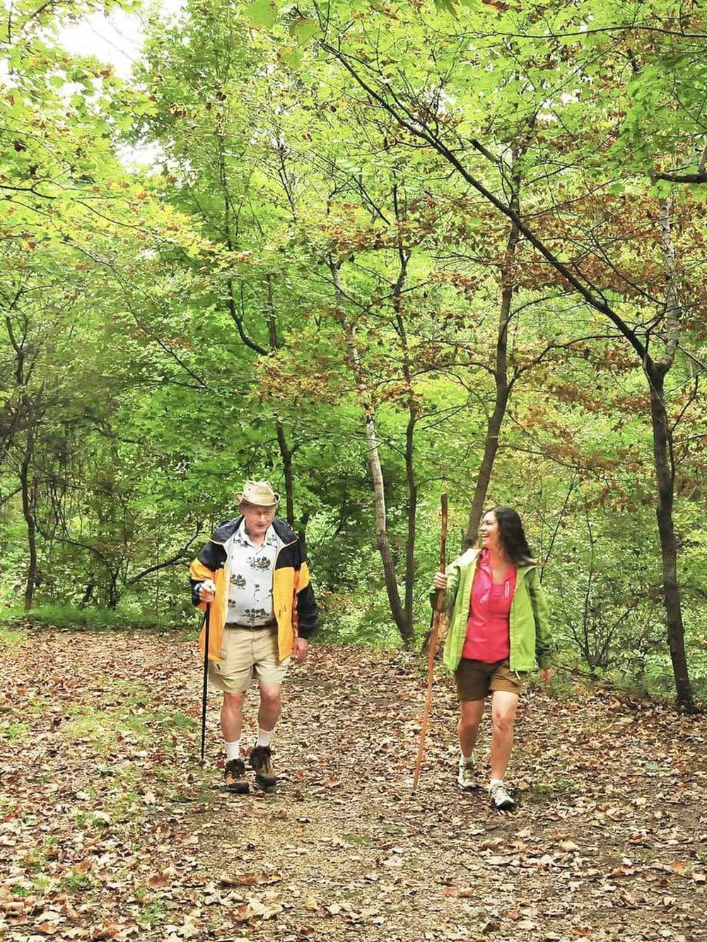 Young couple hiking through a lush green forest in autumn, exploring nature trails for outdoor adventure and relaxation.