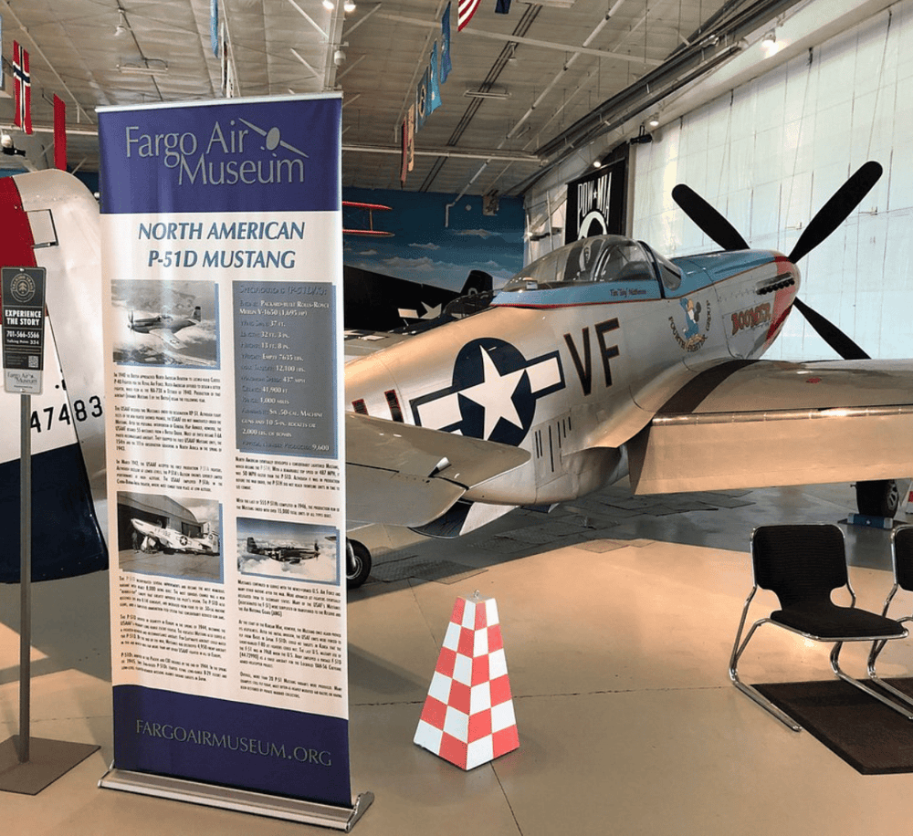 P-51D Mustang aircraft at Fargo Air Museum, North America, historic WWII fighter plane.
