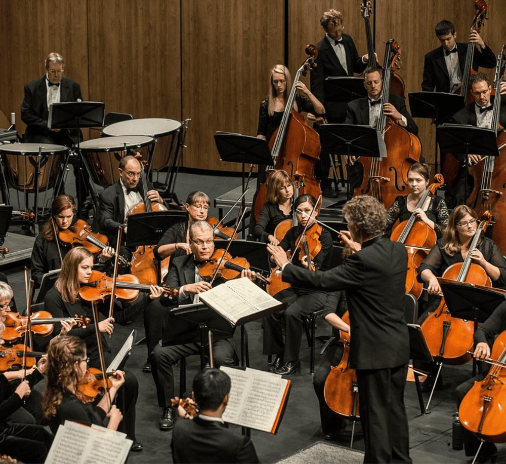 Elegant symphony orchestra performing live classical music concert.