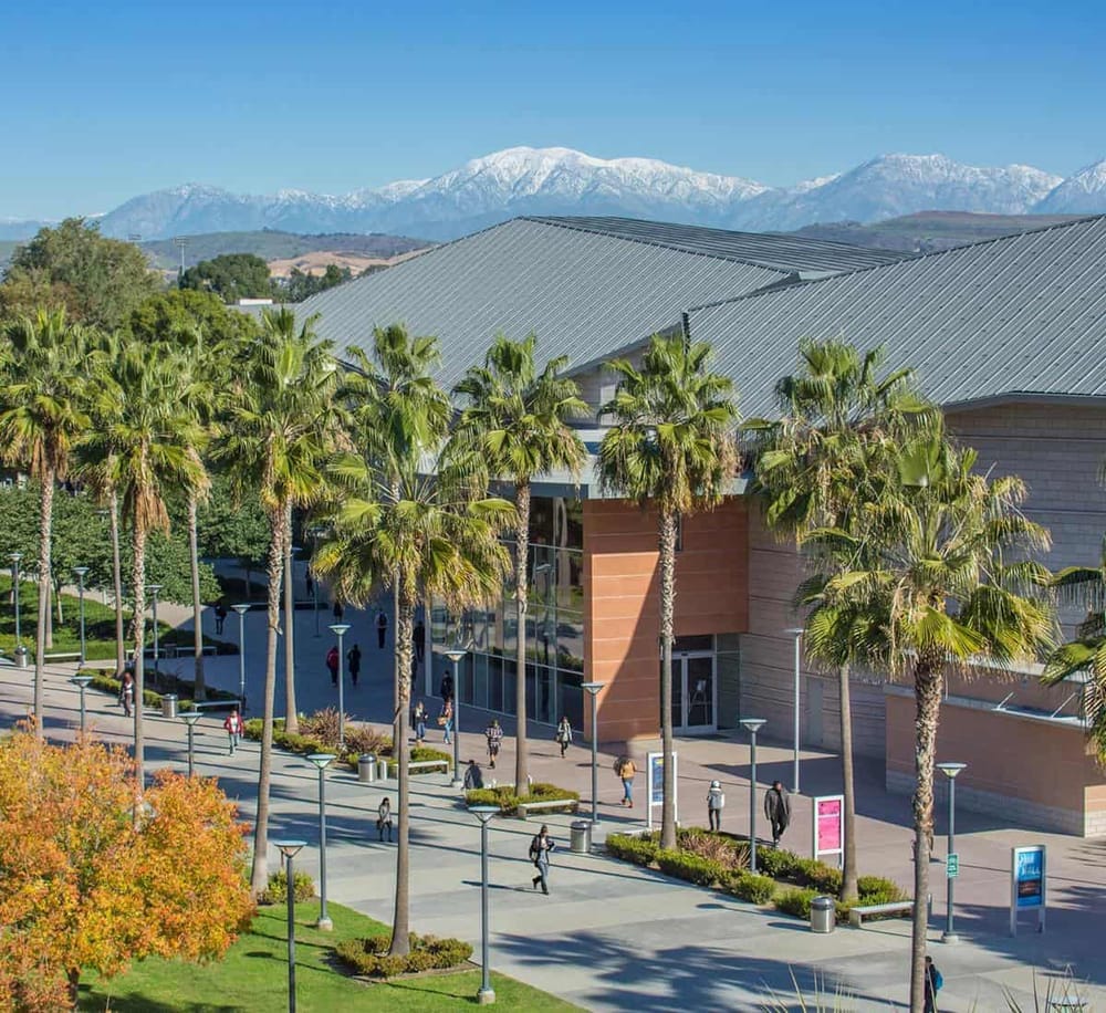 Modern conference center with palm trees and scenic mountains in background.