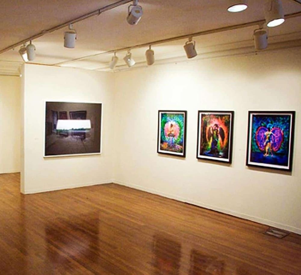 Vibrant artwork displayed in an art gallery with overhead track lighting and hardwood floors.