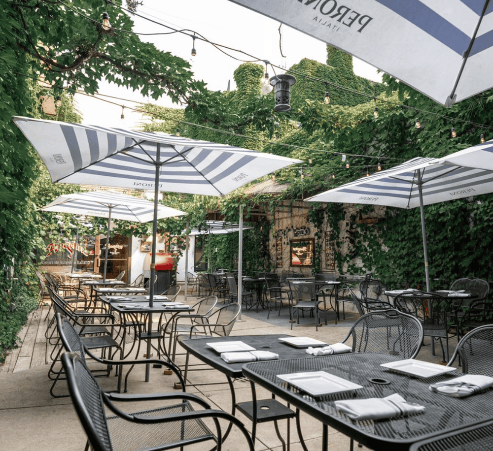 Relaxing outdoor Italian restaurant patio with umbrellas and cozy greenery.