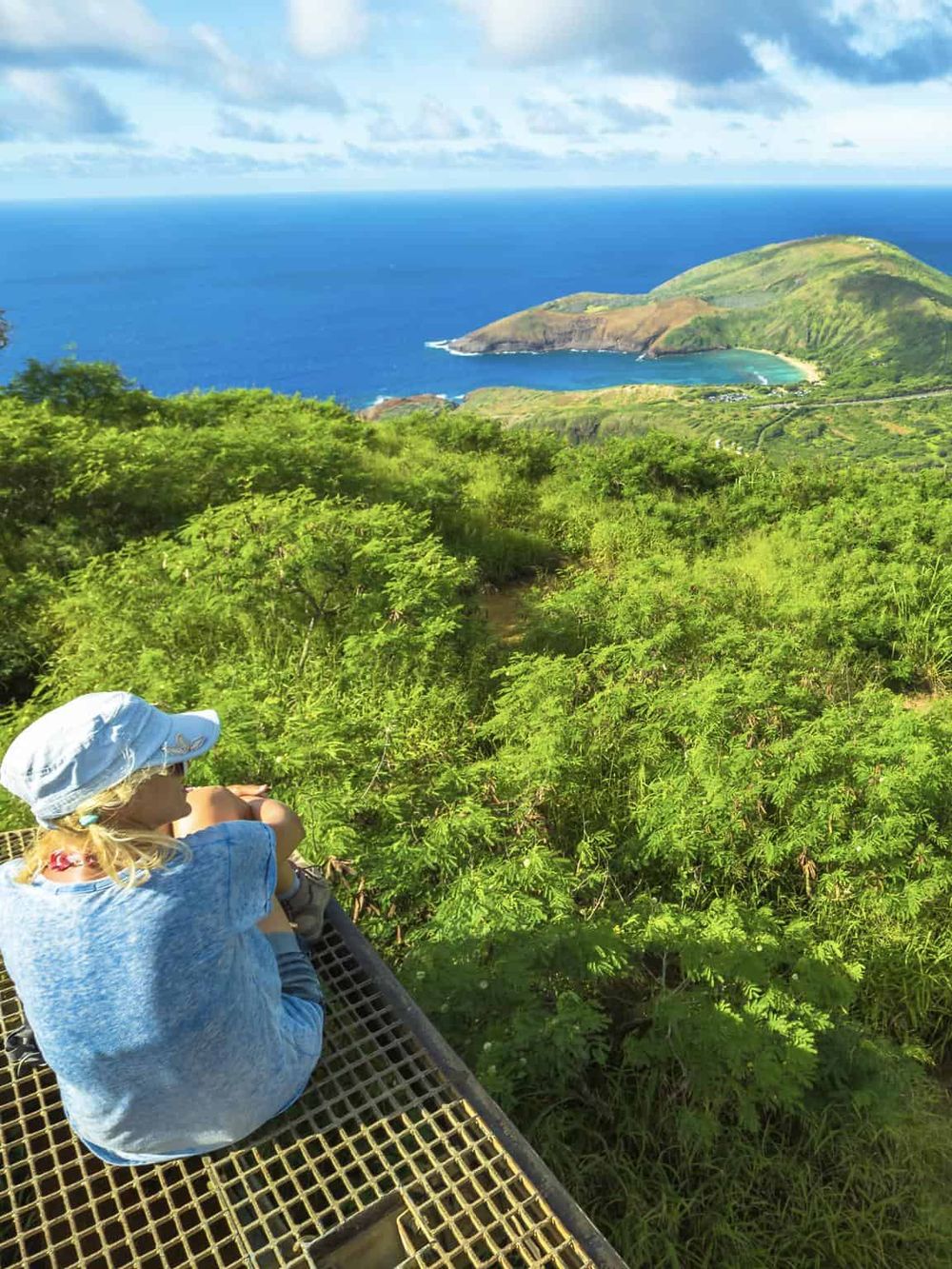 Breathtaking view of lush green island, ocean, and coastline from a scenic hiking trail with a child sitting on a lookout platform.