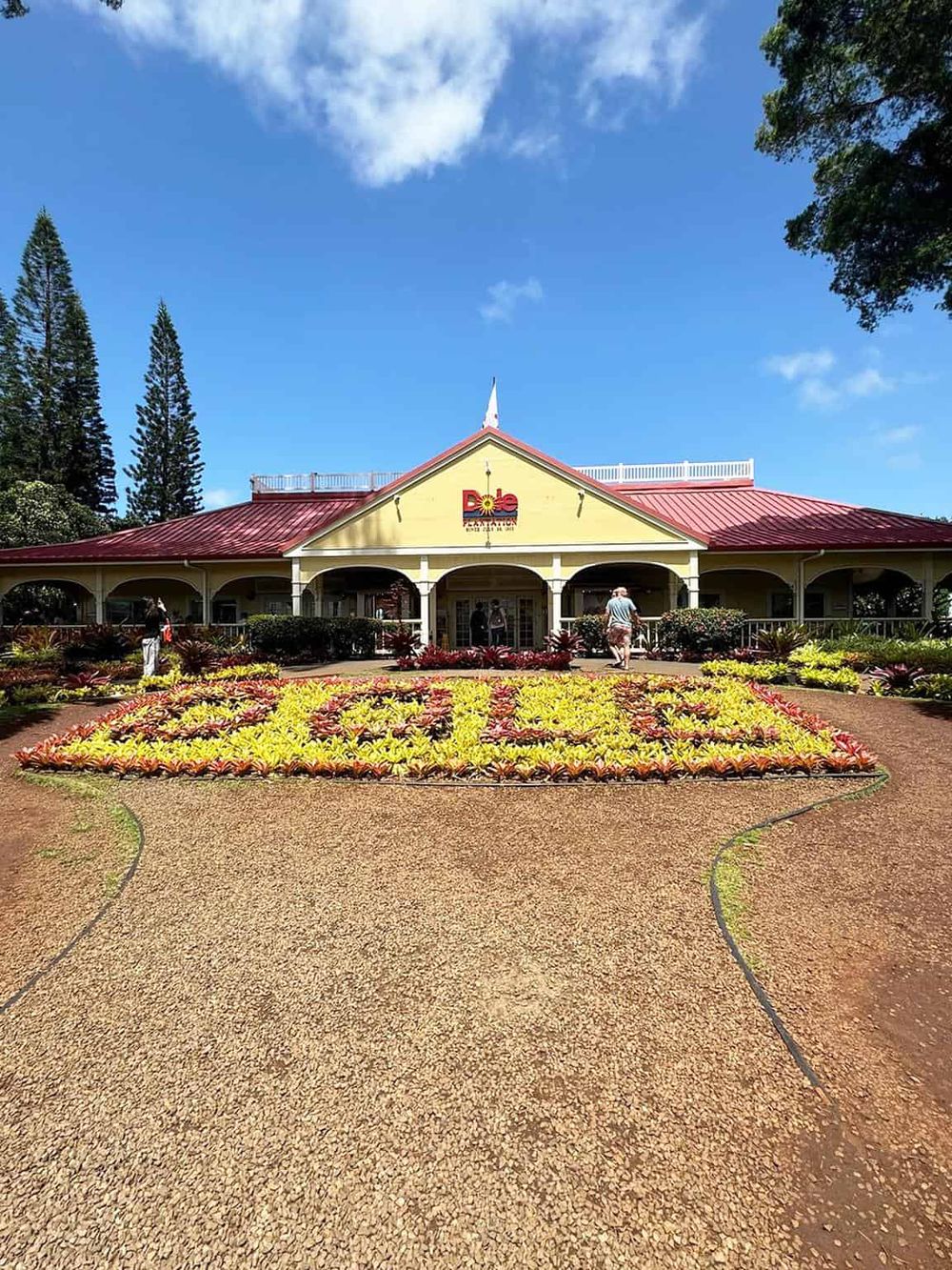 Colorful flower garden leading to Dole Plantation entrance on a sunny day in Hawaii.