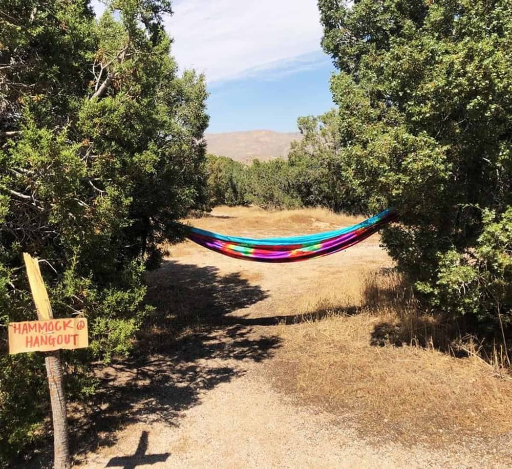 Colorful hammock hanging between trees at outdoor nature retreat.