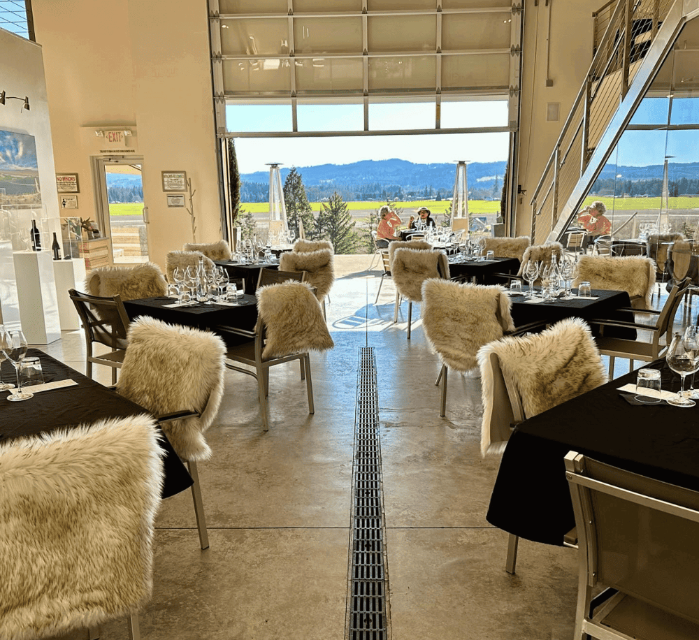 Cozy restaurant with mountain views, black tablecloths, luxurious furry chairs, and outdoor scenery.