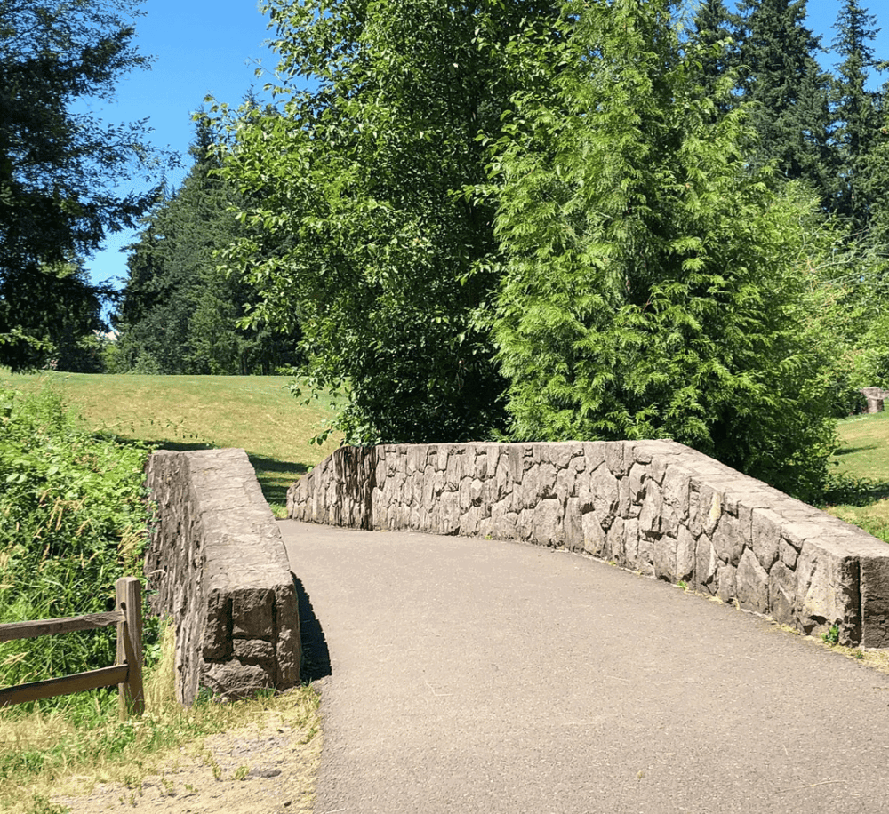 Lush green park with stone bridge and walking trail under sunny blue sky.