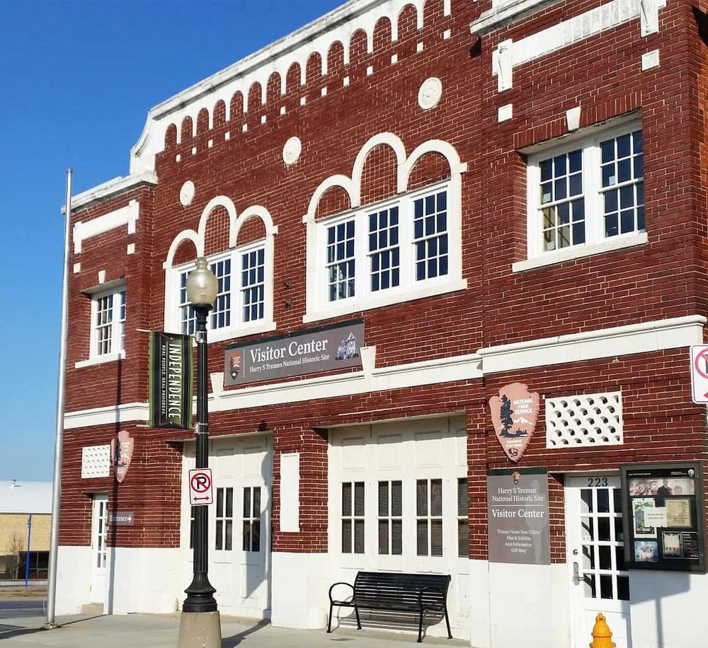 Historical visitor center building at Harry S Truman National Historic Site, brick architecture, informative visitor info hub.