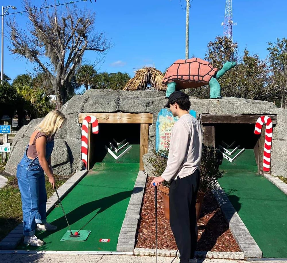 Mini golf course with themed turtle decoration and people playing outdoor golf activity near tropical trees.
