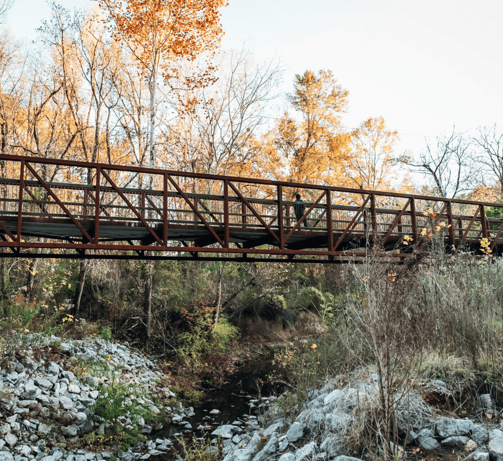 Bright autumn foliage over scenic pedestrian bridge in nature park.