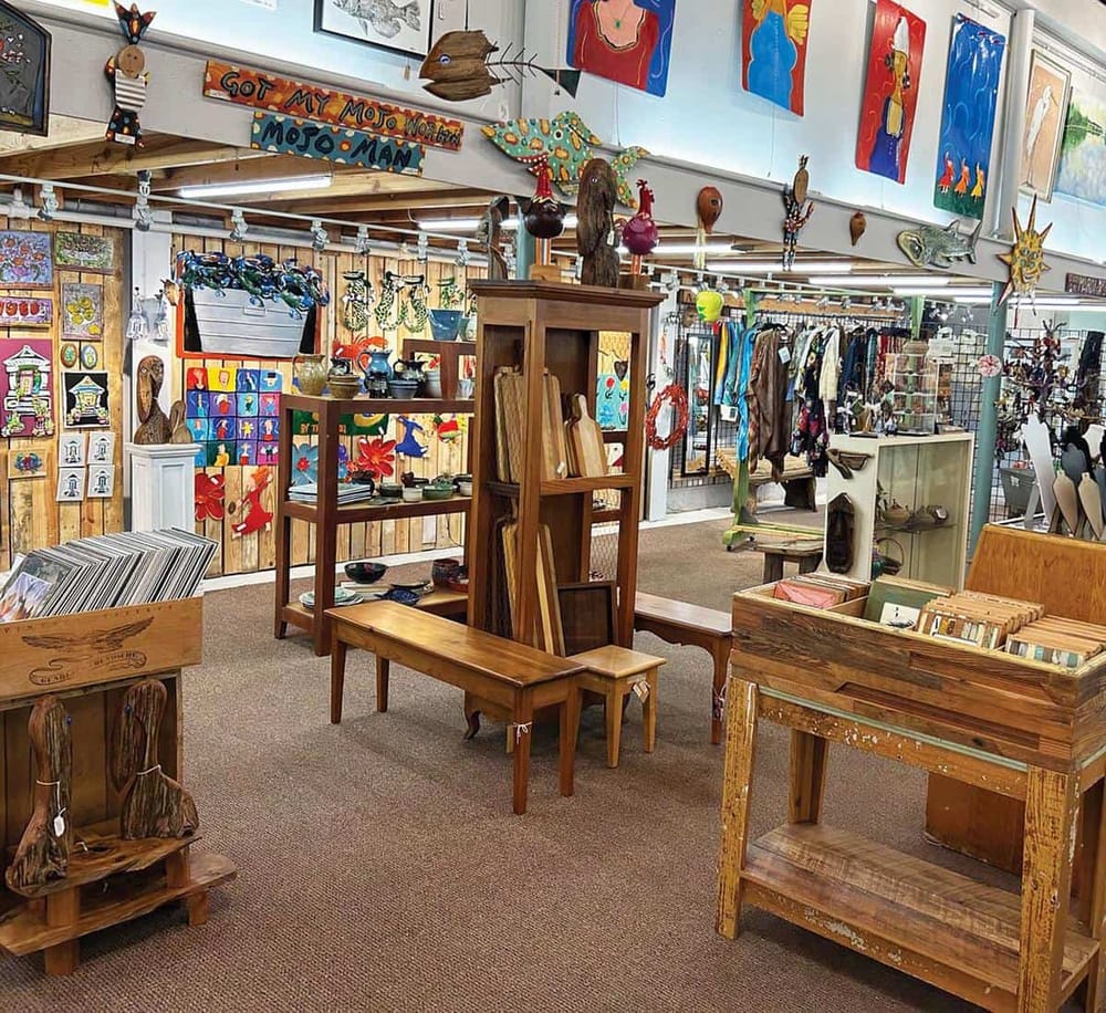 Colorful handmade art and crafts in a boutique store, offering unique home decor and gift items.