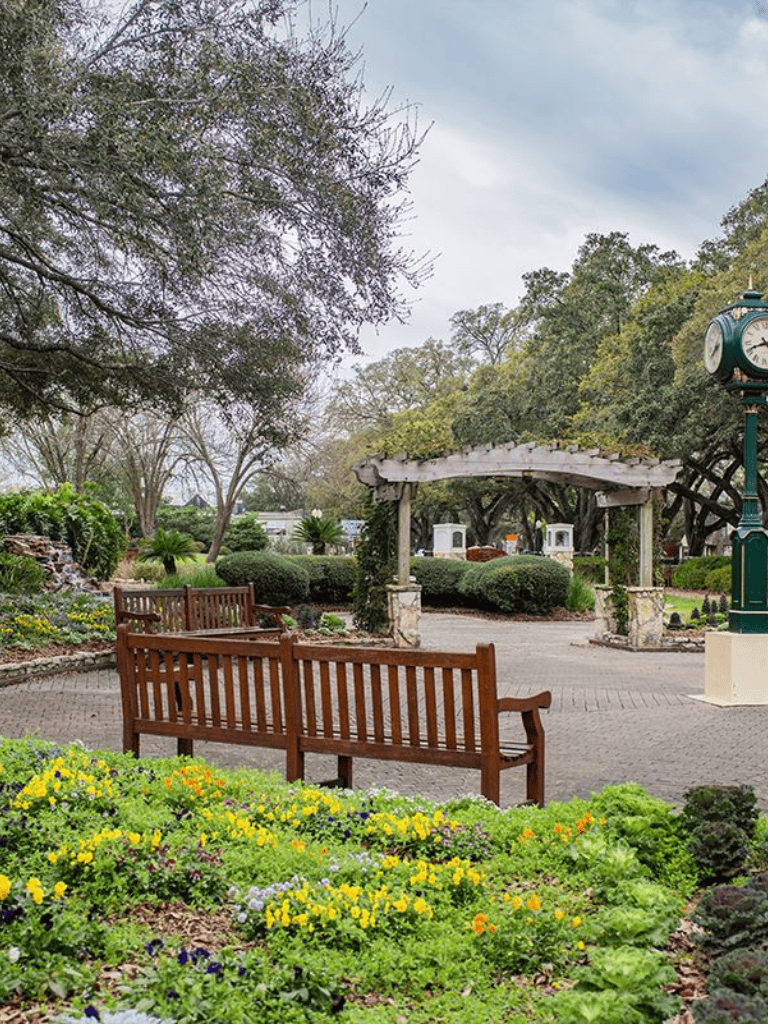 Peaceful park with benches, lush greenery, and decorative garden beds, perfect for relaxing and enjoying nature.