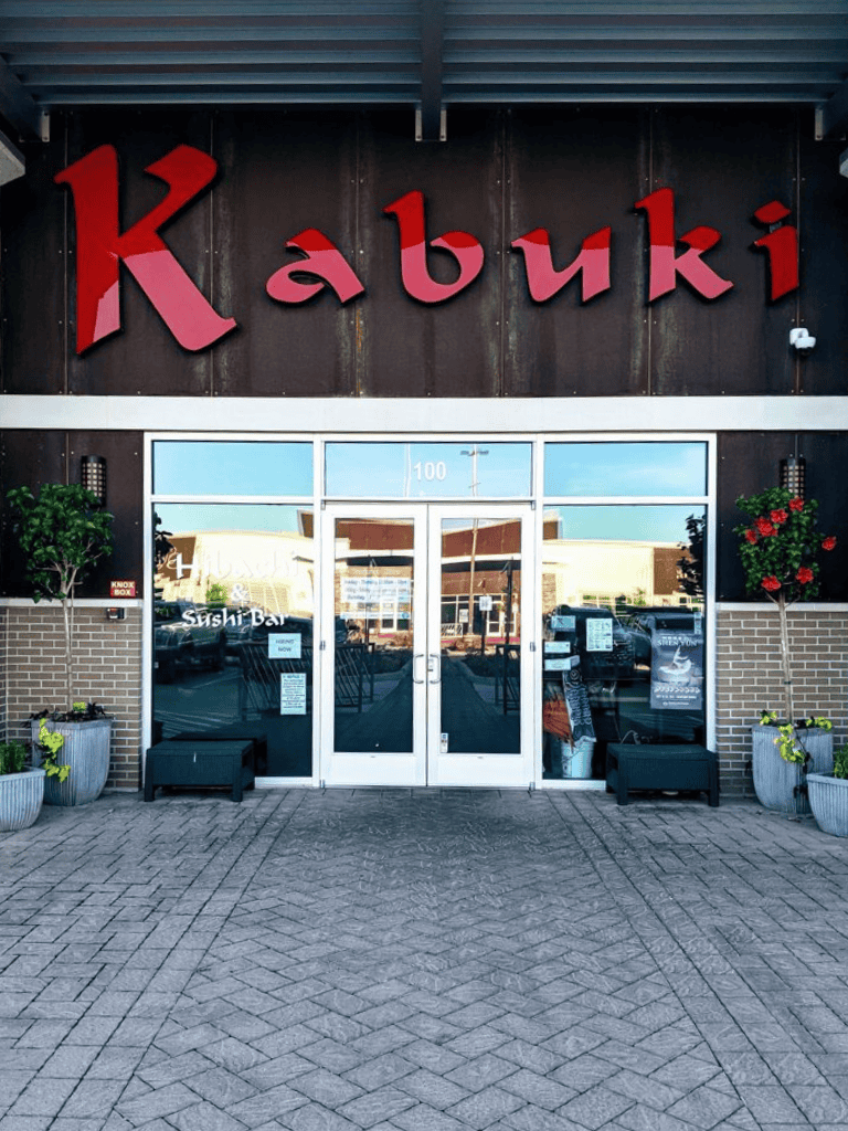 Kabuki restaurant exterior, Japanese cuisine, sushi bar, modern dining experience.