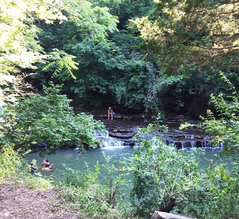 Serene wilderness with people enjoying a freshwater creek surrounded by lush greenery. Ideal for outdoor adventure and nature exploration.