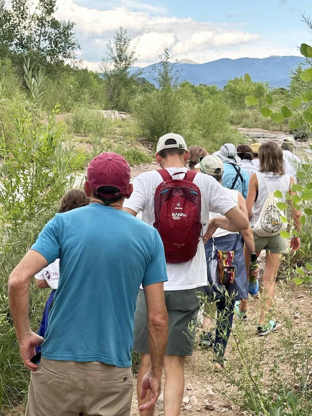Group of hikers walking on a trail in nature, surrounded by green trees and mountains.