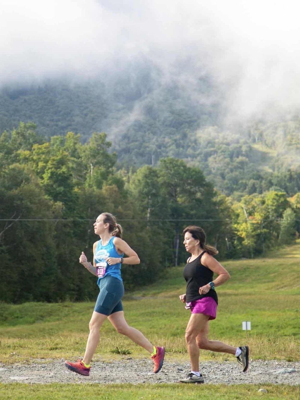 Runners participating in a trail race in lush green mountains and misty weather, outdoor fitness event.