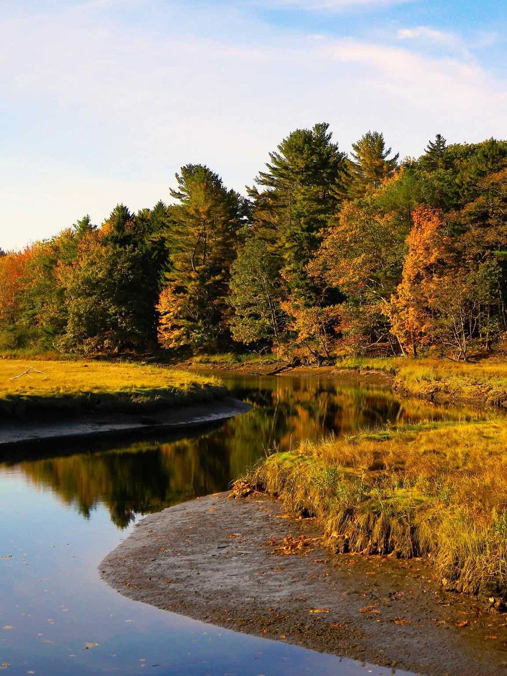 Peaceful river surrounded by autumn trees, scenic nature landscape for outdoor adventure at QuestForDirections.