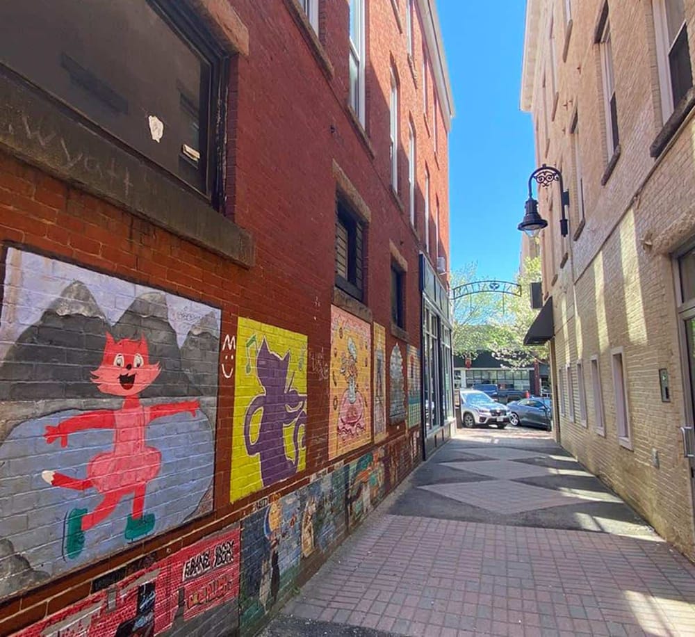 Colorful street art murals on brick walls in an urban alleyway during daytime.