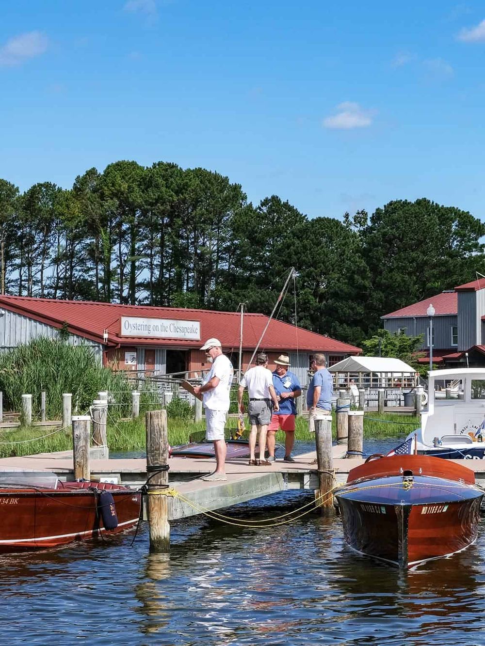 Colorful marina dock with boaters, Chesapeake Bay scenery, and lush trees in the background.