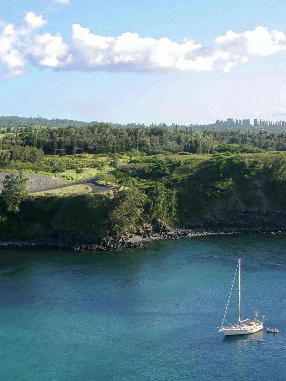 Serene coastal landscape with lush green hills, a winding road, and a sailboat on calm blue waters.