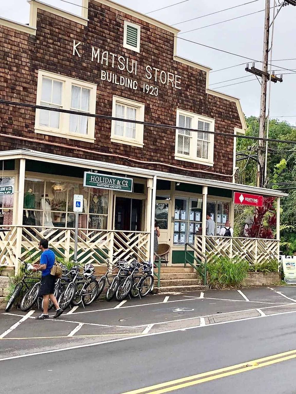1. Historic K Matsui Store building in downtown with bicycles parked outside.