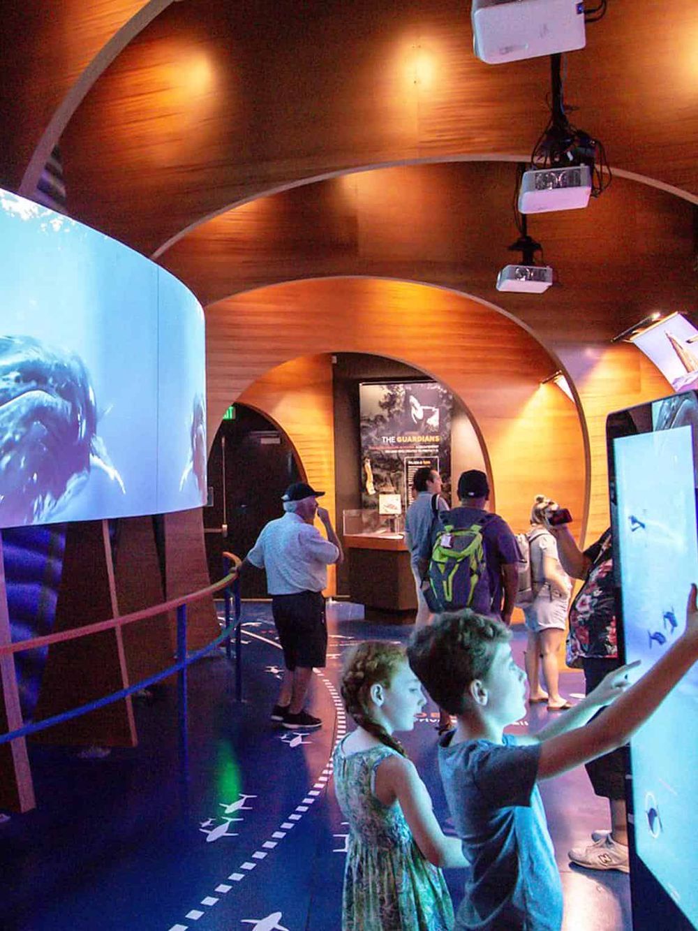 Interactive museum exhibit with children exploring digital screens about marine life.