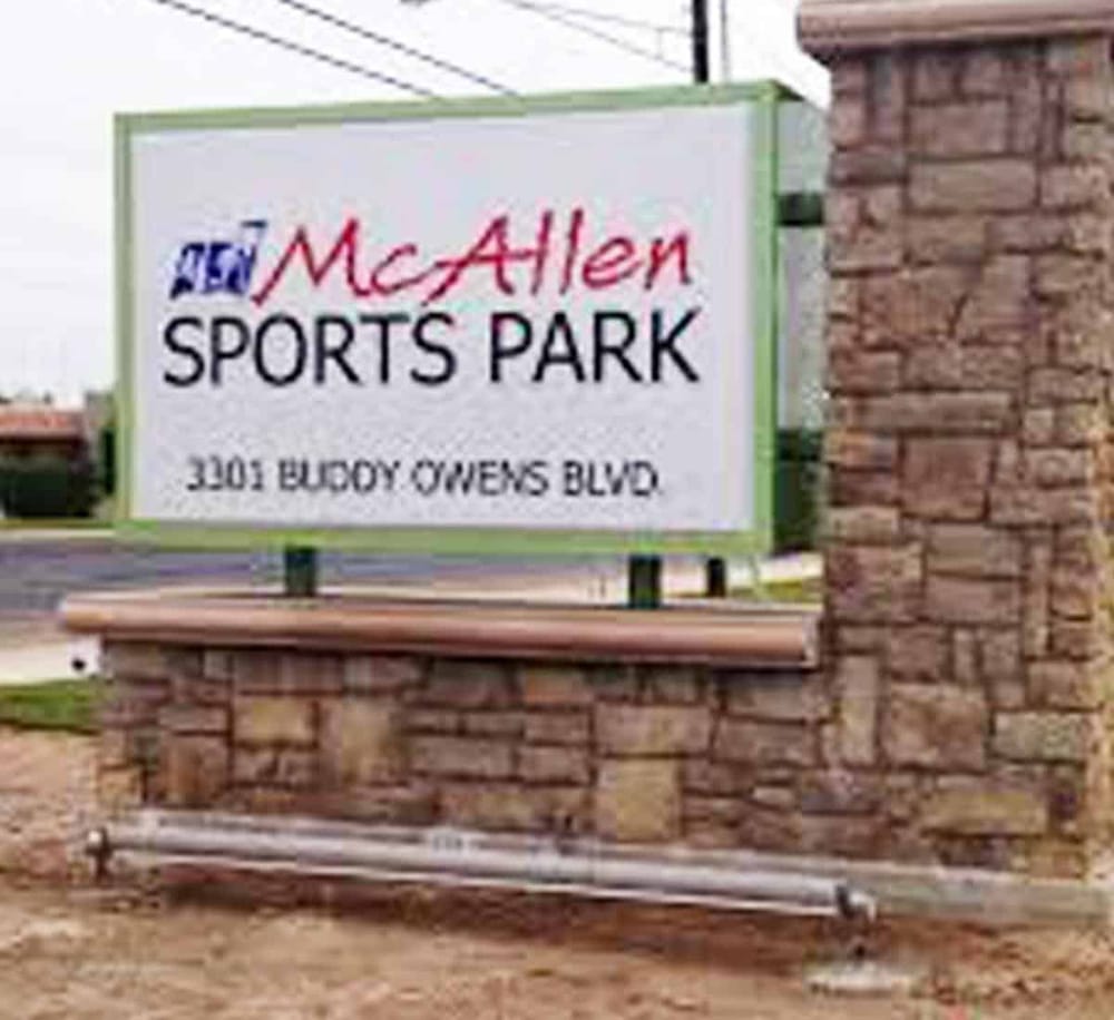 McAllen Sports Park sign at 3201 Buddy Owens Blvd, Texas.