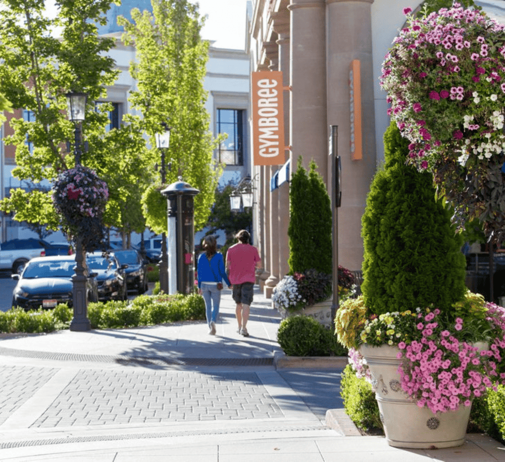 Charming downtown street scene with Gymboree store, lush plants, and pedestrians.